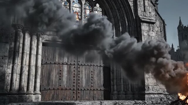 Thick black smoke erupts from the castle entrance while flames lick at the grand stone doors. Tension builds in this dramatic moment of conflict and chaos in a medieval setting.