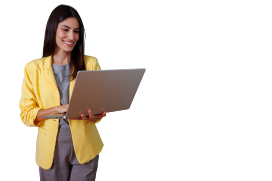 Professional businesswoman smiling and working on laptop, managing tasks, standing with transparent background - Powered by Adobe