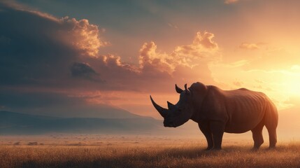 Fototapeta premium Rhinoceros in Grassy Field at Sunset