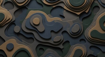 Abstract topographic map with layered contour lines in earthy tones of brown, gold, and dark green, creating a textured topographical pattern