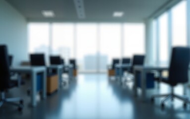 Modern corporate office interior with blurred desks, chairs, and windows in soft focus, creating a professional business environment for background or workplace concept. High quality