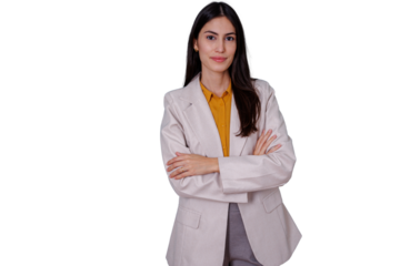 Young confident businesswoman posing with crossed arms, representing professionalism, success, and leadership on transparent background
