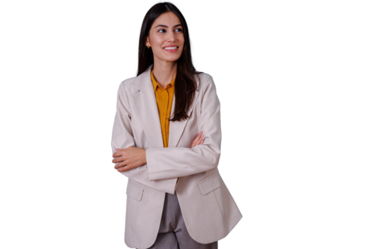Woman businesswoman standing confident with arms crossed wearing blazer and smiling, looking away, transparent background