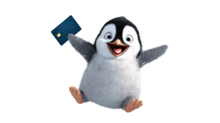 Excited cartoon penguin leaping with a credit card, celebrating financial freedom and joy