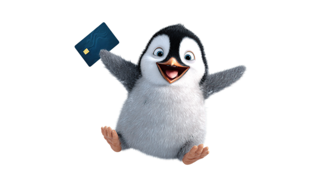 Excited cartoon penguin leaping with a credit card, celebrating financial freedom and joy