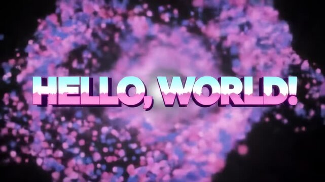 Hello, World!" message with a dreamy, swirling, purple and blue nebula-like background