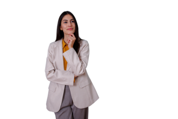 Businesswoman thinking and planning future, looking up with pensive expression, feeling inspiration and strategy on transparent background