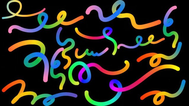 Neon Rainbow Squiggle Lines on Black Background | Colorful Abstract Gradient Wave Pattern for Tech & Party Design A vibrant collection of neon rainbow squiggle lines on a dark black background, creati