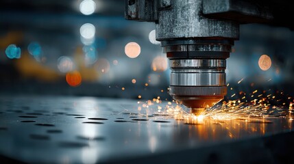 Laser cutting machine in operation, precisely cutting a metal sheet with sparks flying around, industrial manufacturing concept