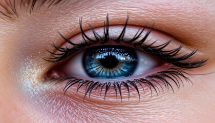 Close-Up of a Beautiful Blue Eye with Long Lashes and Natural Skin Texture Reflecting Light