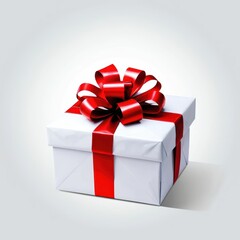 Elegant White Gift Box with Red Ribbon and Bow on a Soft Gray Background Ready for Celebration