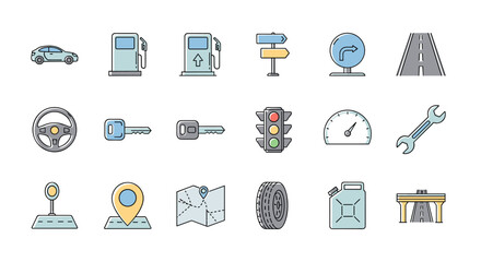 Set of Car and Road Related Line Icons: A vibrant collection of outline signs for graphic and web design, apps, adverts, and various cards, featuring a car, gas station, road signs, traffic lights