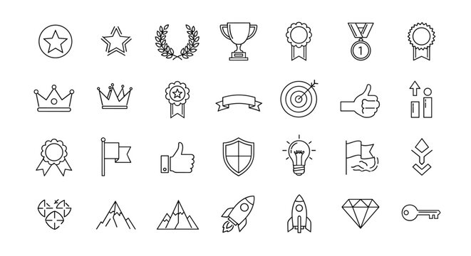 Achievement icon set, vector graphic illustration, ordered line icon set on white background, featuring stars, crowns, trophies, ribbons, targets, thumbs up, shields, lightbulbs, flags, diamonds