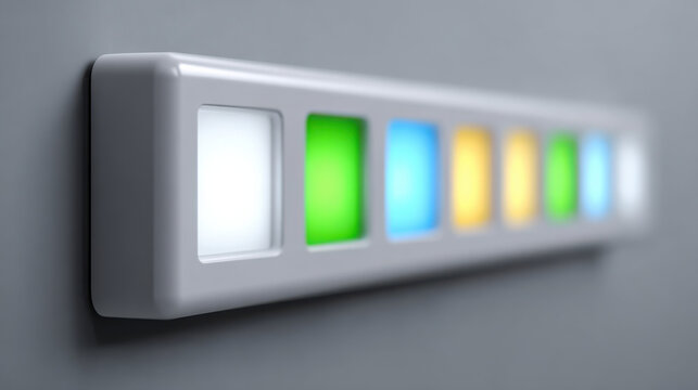 Electric meter panel with glowing indicators showing colorful lights in green, blue, yellow, and white on gray wall