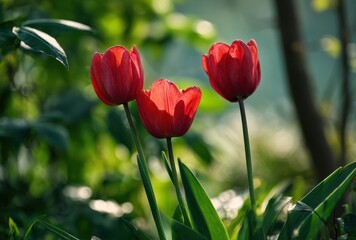 Three vibrant red tulips bloom gracefully, illuminated by sunlight, showcasing nature's beauty in a garden setting.