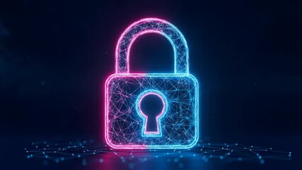 Digital padlock icon glowing with neon blue and pink light - Powered by Adobe