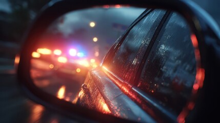 The reflection in a cars side mirror shows the flashing lights of police cars pursuing the vehicle in a highspeed chase