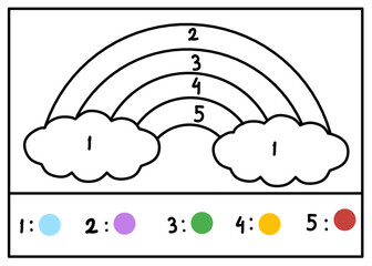Fun color by number rainbow worksheet for kids. Children can learn colors and numbers while coloring a cute rainbow scene. Perfect for preschool and kindergarten activities