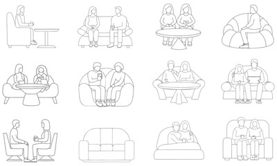 People Sitting Together Line Art – Minimalist Couple and Friends Outline Illustrations