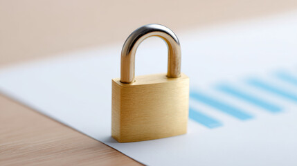 Fototapeta premium Golden padlock on financial report with blue bar chart symbolizing security and protection of data and assets