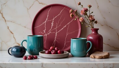 Stylish Arrangement of Colorful Tableware with Fruits and Flowers on Elegant Marble Surface