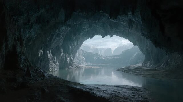 Majestic limestone cave with stalactites and subterranean lake