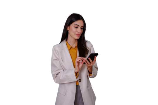 Professional businesswoman using phone, communicating and networking with mobile technology on transparent background