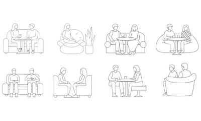 People Sitting Together Line Art – Minimalist Couple and Friends Outline Illustrations