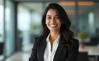 professional headshot of confident indian businesswoman warm smile and modern attire office setting with soft focus background suggesting corporate environment. High quality