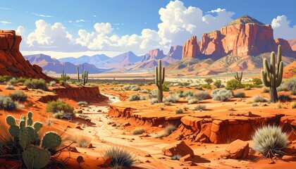 Desert Landscape with Cacti and Mountains.