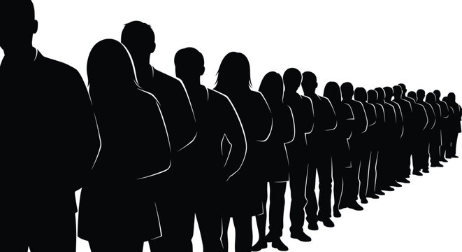 Silhouette people standing in line illustration, waiting queue concept, social behavior, order, community crowd artwork, lifestyle diversity, collective identity