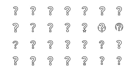A collection of line art question mark icons, featuring various styles including standard question marks with dots and squares, as well as stylized versions with stars and circular enclosures