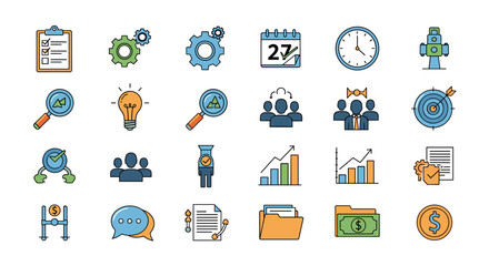 Vibrant vector cartoon illustration of project management and task planning icons on a clean white background, featuring a checklist, gears, calendar, clock, magnifying glass, lightbulb, team