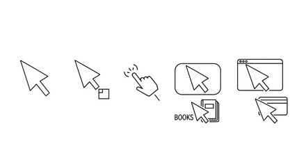 Collection of line art cursor icons representing various digital interactions: a standard pointer, a pointer with a file icon, a hand cursor indicating a click, a pointer within a browser window, a