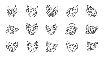 Collection of outline icons depicting planets on fire, symbolizing global warming, environmental crisis, or celestial events. This vector bundle features various stylized planets engulfed in flames