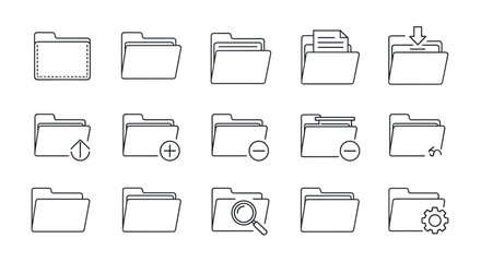 A collection of minimalistic, line-art vector icons representing various folder states and actions, including empty folders, folders with documents, upload, download, add, delete, search, and