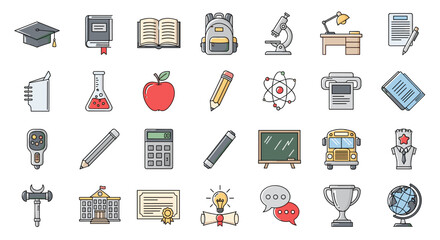 Vibrant and diverse collection of school and university line icons, featuring graduation caps, books, backpacks, microscopes, apples, pencils, and more, perfect for educational infographics