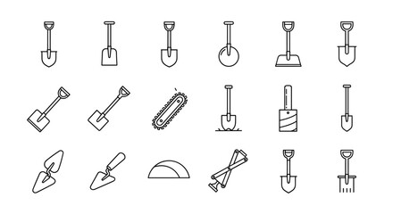 Collection of Outline Shovel and Gardening Tools Icons, Featuring Various Types of Shovels, Trowels, Chainsaw, and Jack, Perfect for Graphic Design, Web Design, Apps, Advertisements, and More