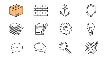 A collection of twelve modern line icons representing various concepts including a cardboard box, brick wall, anchor, shield, stack of papers with a pencil, checklist with a pencil, gear, lightbulb