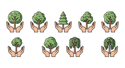 Collection of eight diverse tree icons, each cradled by two cupped hands, symbolizing growth, nature, and environmental protection. Includes various tree shapes like deciduous, coniferous, and
