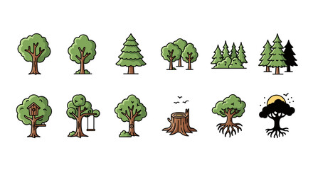 Collection of stylized cartoon tree icons, featuring diverse types like deciduous, coniferous, and whimsical designs with a birdhouse and swing, set against a clean white background, perfect for