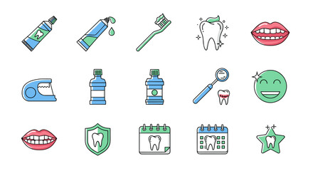 A collection of minimalistic linear vector cartoon illustrations depicting dental hygiene and care, including toothpaste tubes, toothbrushes, mouthwash, dental tools, healthy teeth, smiling mouths