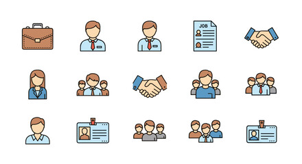 Vibrant and diverse set of flat line icons representing various aspects of work, employment, and company staff, including a briefcase, individual employees, teams, a job application document, and ID