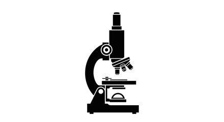 Black silhouette of a laboratory microscope, a scientific instrument used for viewing magnified images of small objects, presented as a clean vector graphic icon, perfect for educational materials