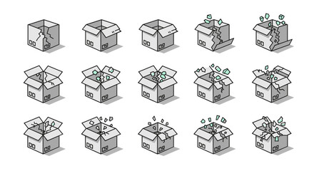Set of 15 isometric thin line icons representing a cardboard box in various stages of being broken, shattered, and falling apart, with some pieces flying out, suitable for graphic design, apps, and