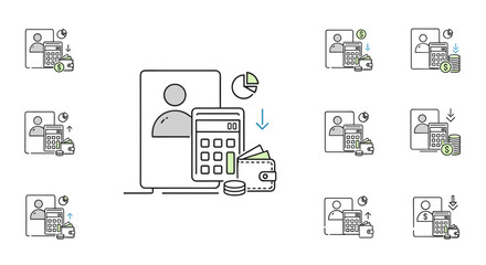 Minimalistic line icons depicting financial management and user interaction, featuring calculators, wallets, coins, and charts, suitable for web, graphic design, apps, banners, social networks, and