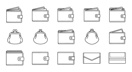 Collection of outline wallet and purse icons, editable stroke, perfect for infographics, articles, books, flyers, banners, vector cartoon illustration, money storage, financial symbols, and personal