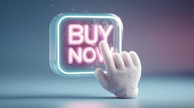 Hand clicking on a neon buy now button on a blue background