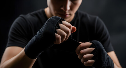 Boxer Wraps Hands with Focus and Determination, Preparing for a Fight with Black Hand Wraps for Boxing and Martial Arts