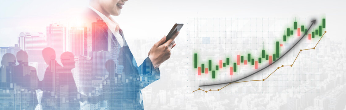 A businessman studies market trends using a smartphone against a backdrop of city skyscrapers and stock charts. The image embodies modern financial analysis and professional strategy. Impute - Powered by Adobe